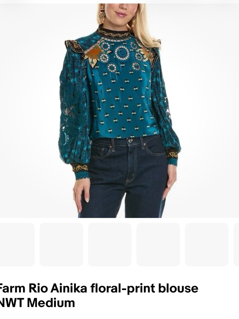 FARM Rio Teal Floral Embroidered Puff-Sleeve Blouse